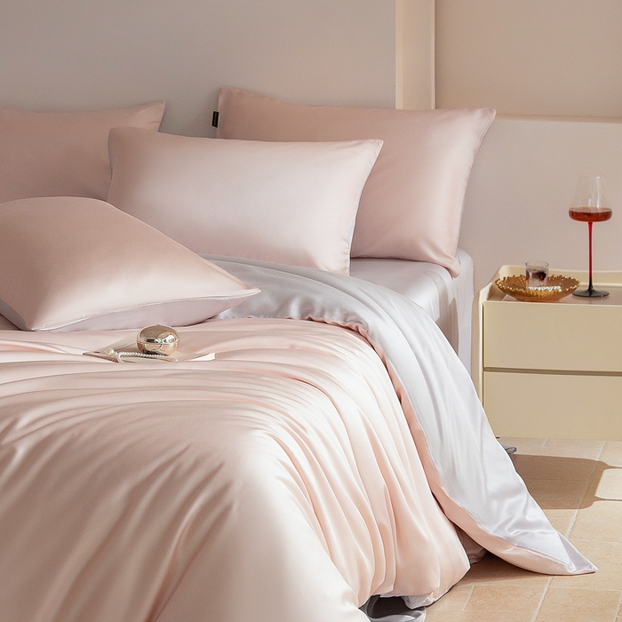 91家纺网 家纺一手货源 找家纺 云栖家居 202560支兰精天丝纯拼色四件套 浅杏粉银灰