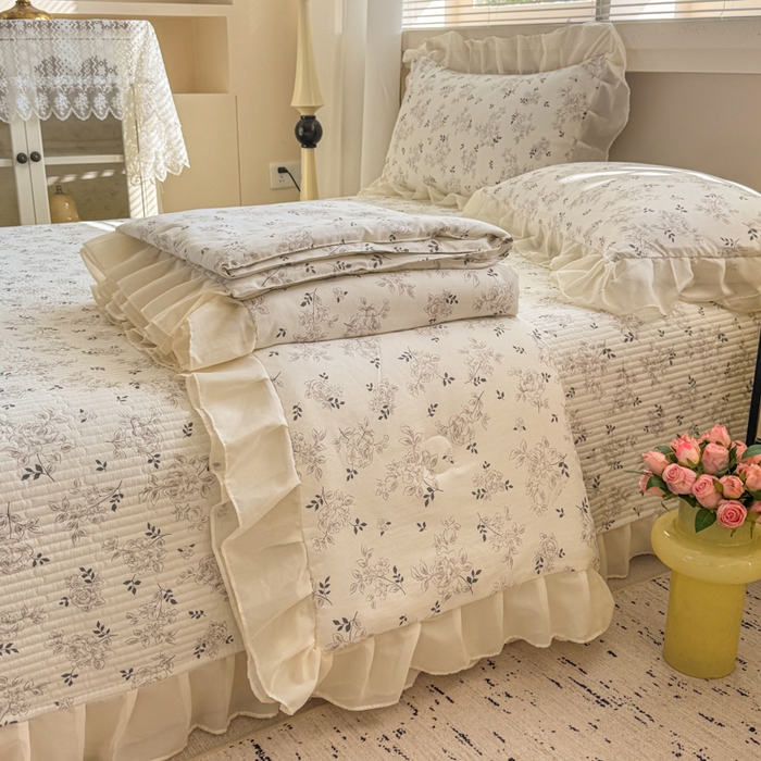 91家纺网 家纺一手货源 找家纺 芯贝儿 2025新款提花针织水洗m双层纱床盖四件套 漫塔玫瑰