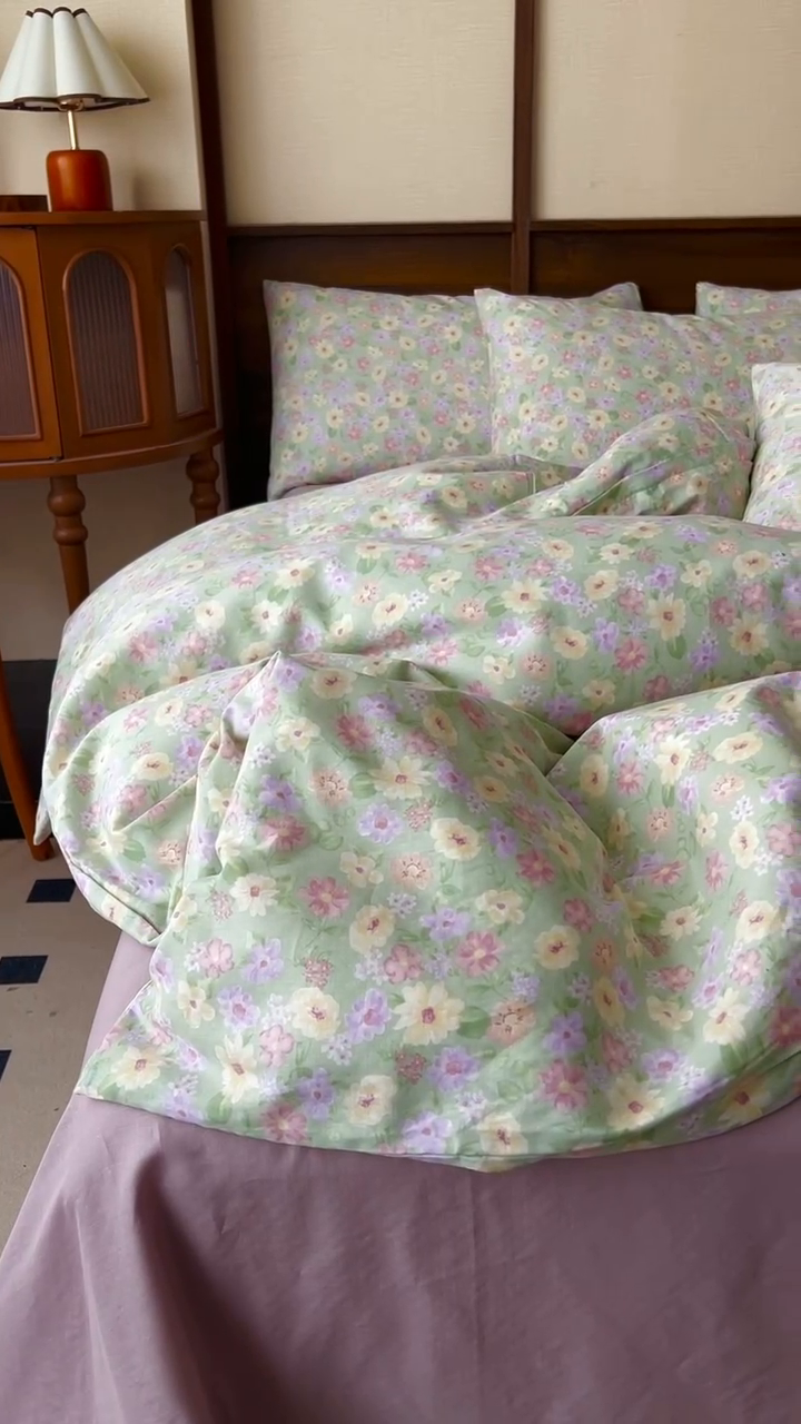 91家纺网 家纺一手货源 找家纺 优品阁  2025新款A类全棉有氧双层纱四件套 花海