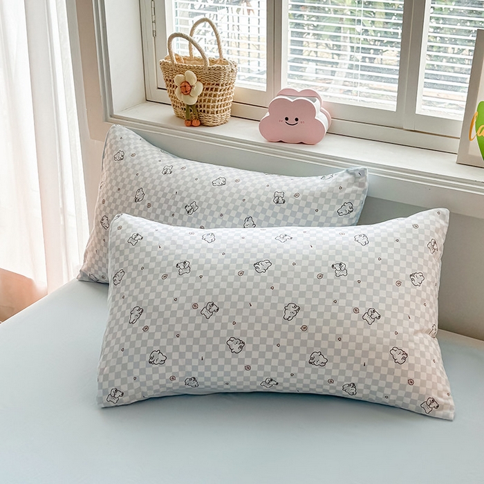 91家纺网 家纺一手货源 找家纺 金喜 2025新款小清新风格有氧针织双层纱大豆被夏被四件套 小熊派对