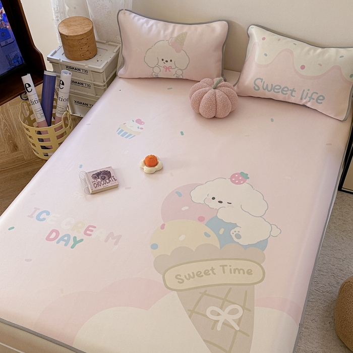 91家纺网 家纺一手货源 找家纺 美乐迪家纺 2025新款碳光凉感冰丝席 冰淇淋小狗