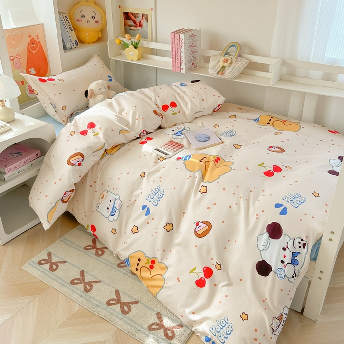 91家纺网 家纺一手货源 找家纺 悦织湾家纺 2025新款印花学生宿舍亲肤芦荟棉三件套单双人四件套轻奢印花磨毛床上用品 蛋糕熊