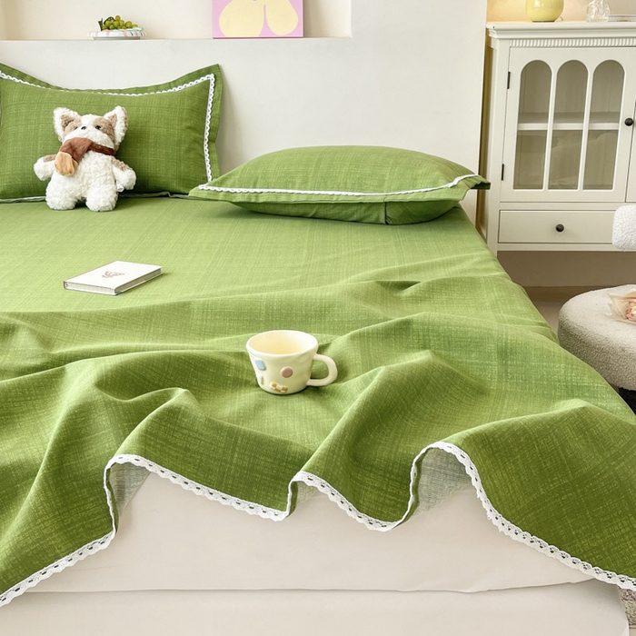 91家纺网 家纺一手货源 找家纺 新印象  2025新款花边老粗布床单款床笠款三件套倾城-绿