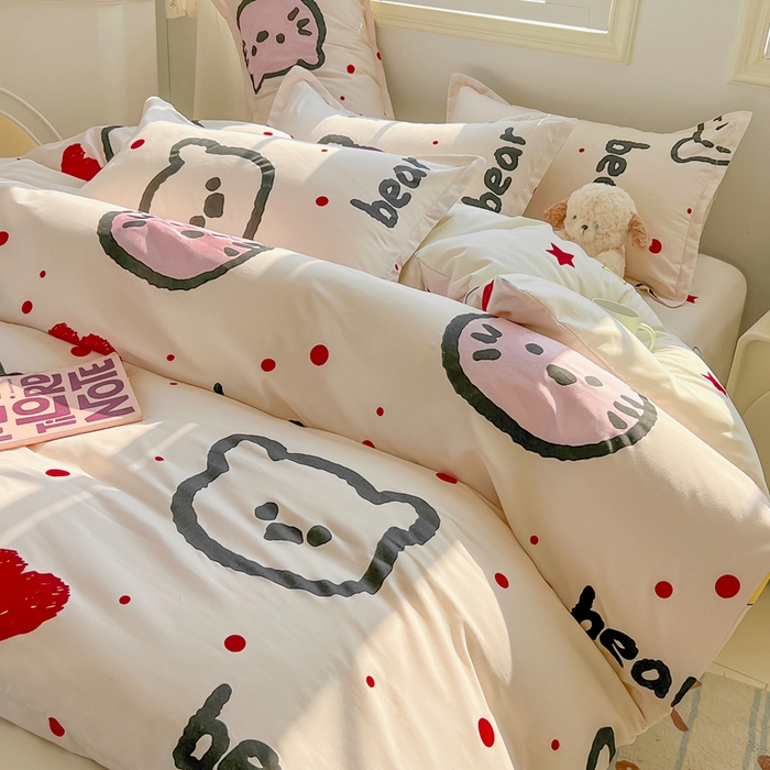 91家纺网 家纺一手货源 找家纺 悦织湾家纺 2025新款亲肤芦荟棉四件套轻奢印花磨毛床上用品亲肤棉四件套 爱心熊