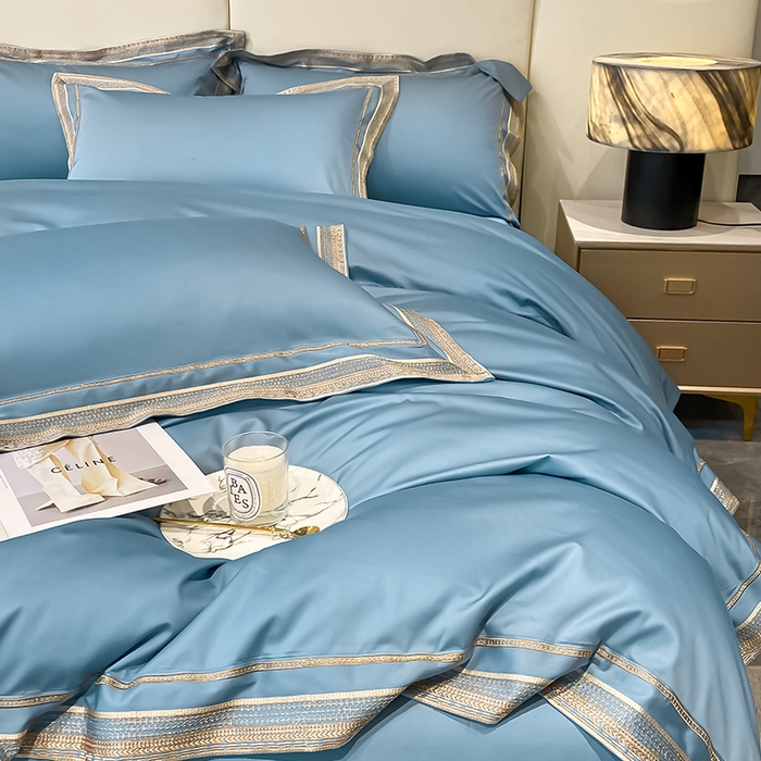 91家纺网 家纺一手货源 找家纺 瑞驰家纺 2025新款长绒棉纯棉绣花四件套--千寻系列 千寻-茗萃蓝