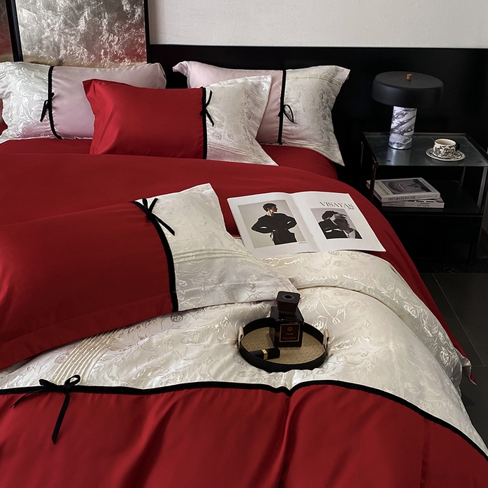 91家纺网 家纺一手货源 找家纺 优悦生活馆 2025年新款工艺款冰丝浮雕拼接四件套 璀璨之恋-红