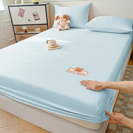 91家纺网 家纺一手货源 找家纺 悦织湾家纺 2025新款双层纱亲肤棉床笠三件套轻奢时尚透气床上用品 蓝色