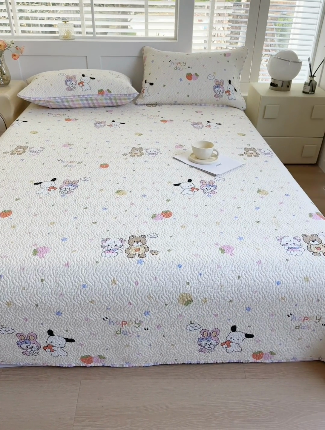 91家纺网 家纺一手货源 找家纺 宜梦家居【需要买家秀请联系老板】 2025新款双面纯棉夹层新疆棉花高温砂洗全棉床盖 甜蜜小兔