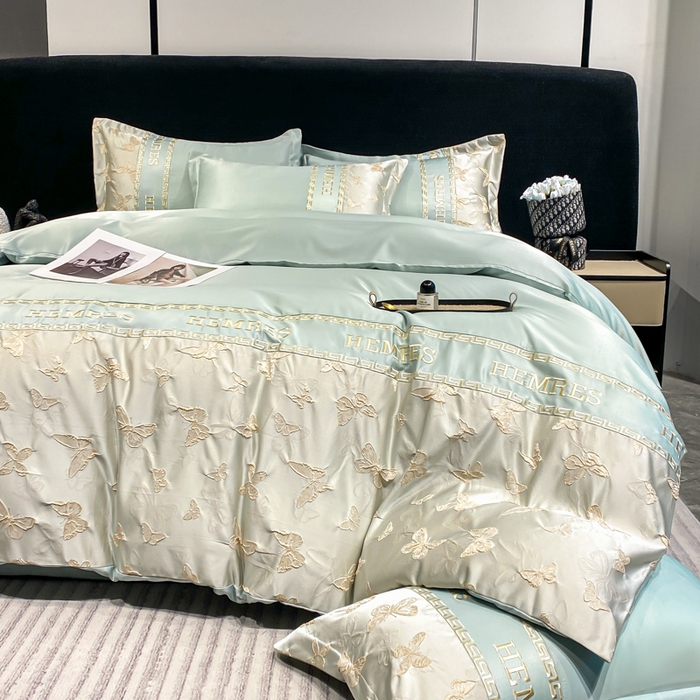 91家纺网 家纺一手货源 找家纺 子曰 2025新款金丝提花浮雕刺绣水洗真丝四件套 醉蝴蝶-绿