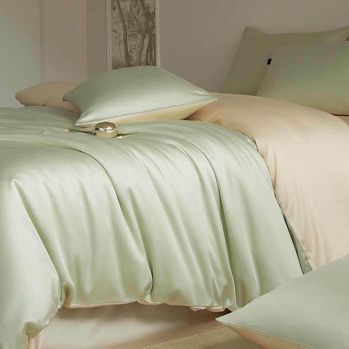 91家纺网 家纺一手货源 找家纺 云栖家居 202560支兰精天丝纯拼色四件套 浅绿香槟