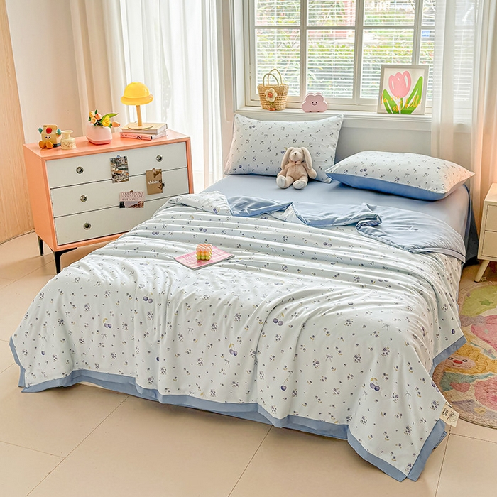 91家纺网 家纺一手货源 找家纺 金喜 2025新款小清新风格有氧针织双层纱大豆被夏被四件套 星晴兰