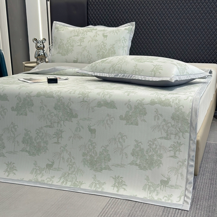 91家纺网 家纺一手货源 找家纺 曲宿家纺 2025新款高分子色织提花软凉席系列 丛林-果绿