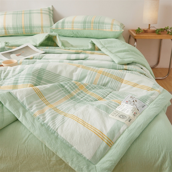 91家纺网 家纺一手货源 找家纺 2025新款A类里外全棉夏凉被100%新疆棉纯棉全棉填充无印格子款空调被原棉夏被 里外全棉-沐绿格