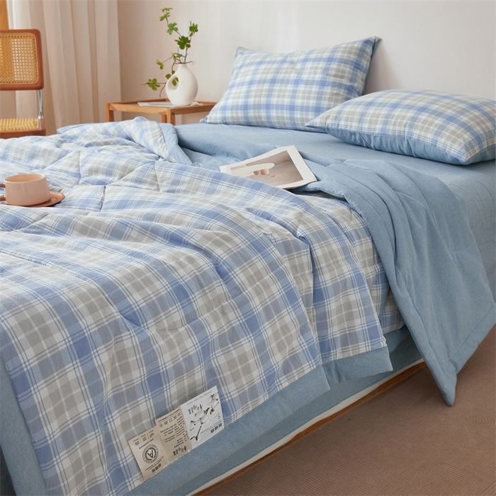 91家纺网 家纺一手货源 找家纺 2025新款A类里外全棉夏凉被100%新疆棉纯棉全棉填充无印格子款空调被原棉夏被 里外全棉-韵蓝格