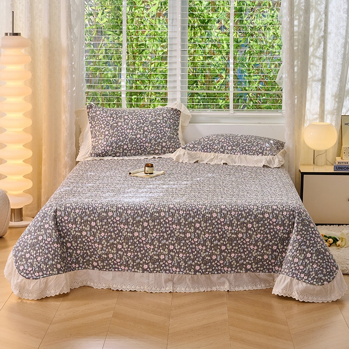 91家纺网 家纺一手货源 找家纺 X猫先生 2025新款法式全棉双层纱床盖套件夹棉床单三四件套（A类母婴级） 朵蔓