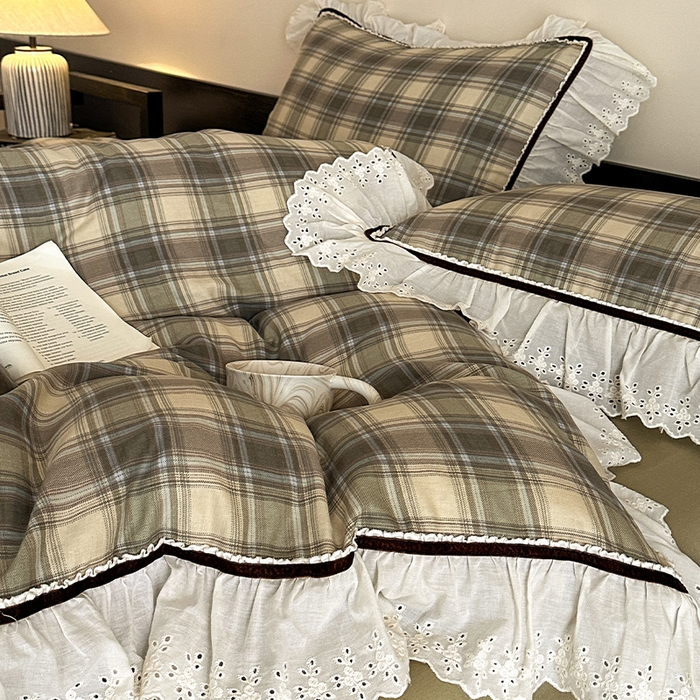 91家纺网 家纺一手货源 找家纺 （总）蓝邻家纺 2025春夏新款全棉纯棉复古双层纱花边织带款四件套