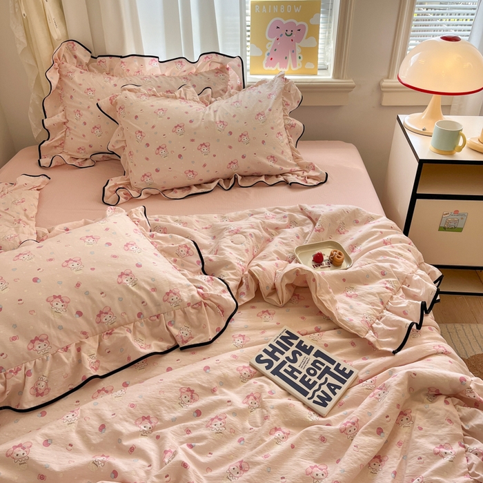 91家纺网 家纺一手货源 找家纺 欧尚 2025新款细黑边夏被床单床盖三件套 粉蒂