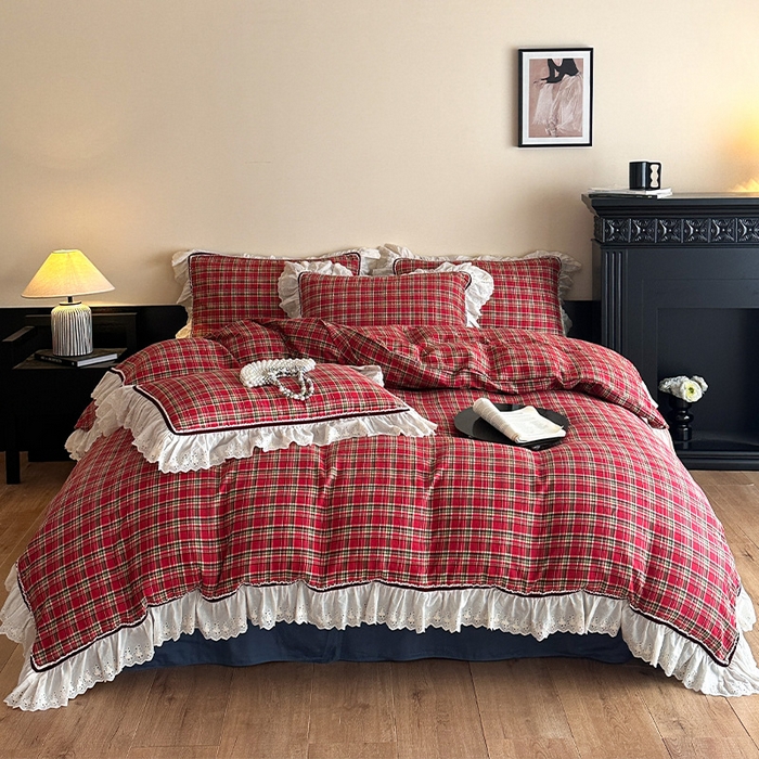 91家纺网 家纺一手货源 找家纺 蓝邻家纺 2025春夏新款全棉纯棉复古双层纱花边织带款四件套 清格