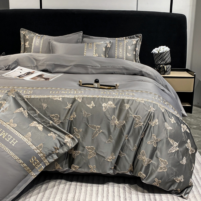 91家纺网 家纺一手货源 找家纺 子曰 2025新款金丝提花浮雕刺绣水洗真丝四件套 醉蝴蝶-灰