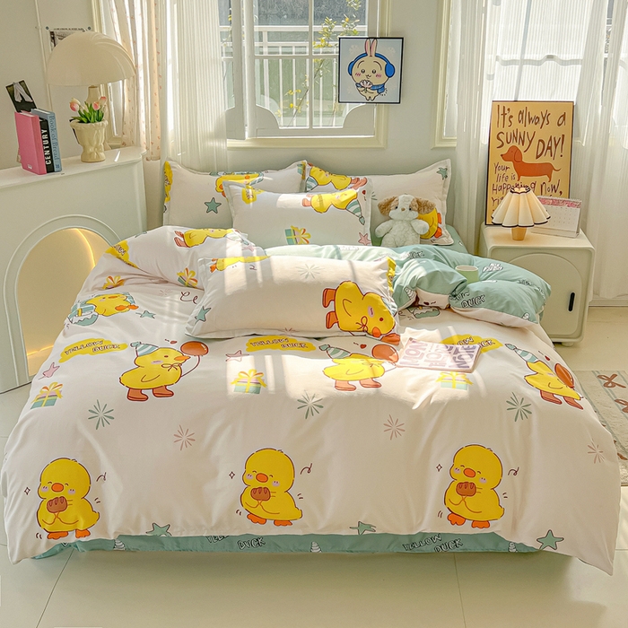 91家纺网 家纺一手货源 找家纺 悦织湾家纺 2025新款亲肤芦荟棉四件套轻奢印花磨毛床上用品亲肤棉四件套 开心鸭