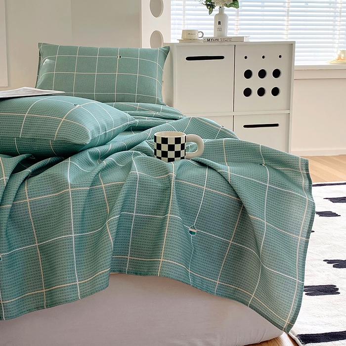 91家纺网 家纺一手货源 找家纺 爱彼家纺 2025新款锦柔老粗布席子凉席床单 绿条格