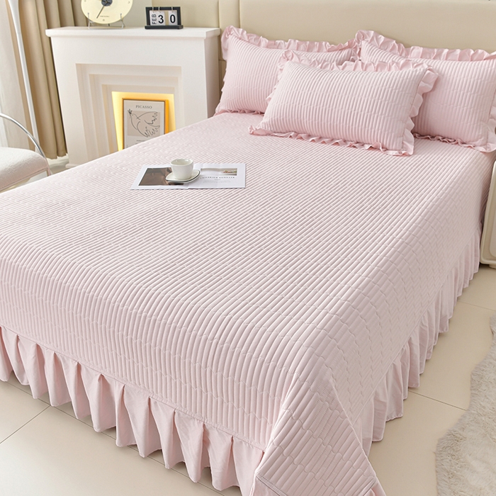 91家纺网 家纺一手货源 找家纺 星窝家纺 2025新款水洗棉花边床裙式多功能床盖三件套 经典粉色