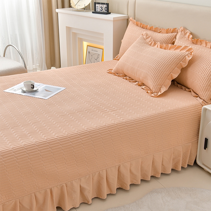 91家纺网 家纺一手货源 找家纺 星窝家纺 2025新款水洗棉花边床裙式多功能床盖三件套 经典橘色