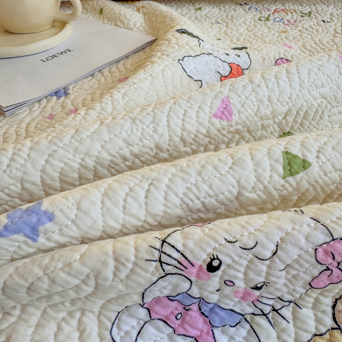 91家纺网 家纺一手货源 找家纺 宜梦家居【需要买家秀请联系老板】 2025新款双面纯棉夹层新疆棉花高温砂洗全棉床盖 甜蜜小兔