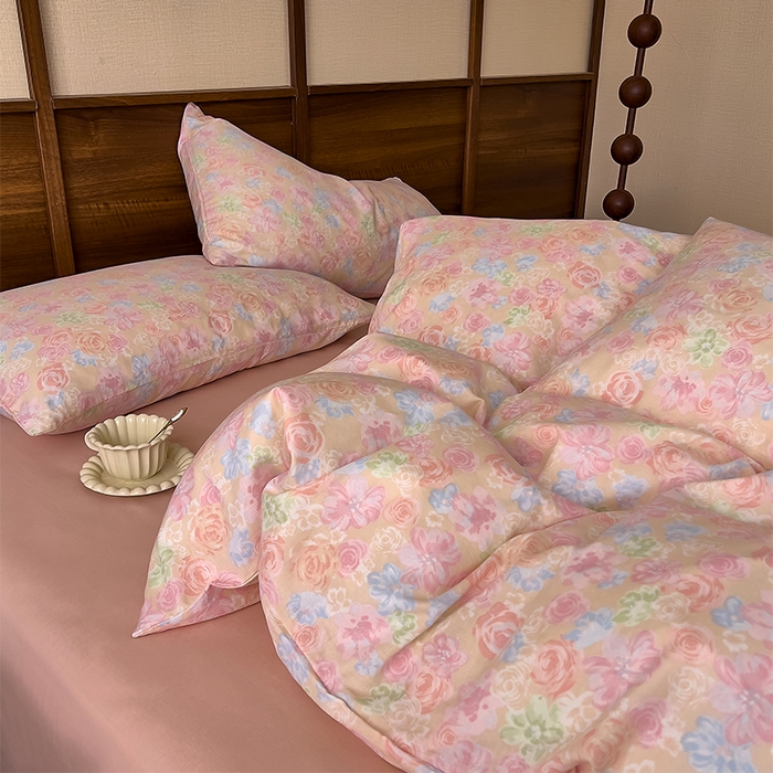 91家纺网 家纺一手货源 找家纺 优品阁  2025新款A类全棉有氧双层纱四件套 绯色花间