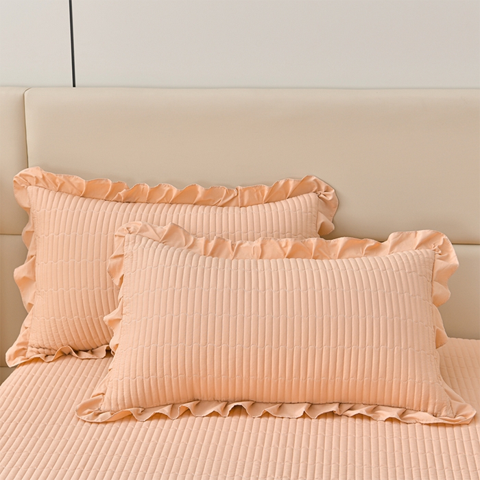 91家纺网 家纺一手货源 找家纺 星窝家纺 2025新款水洗棉花边床裙式多功能床盖三件套 经典橘色