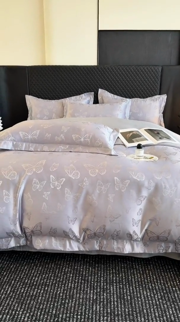 91家纺网 家纺一手货源 找家纺 狂想家 2025新款高奢提花水洗天丝系列四件套 蝶之恋高级灰