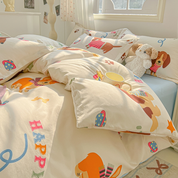 91家纺网 家纺一手货源 找家纺 悦织湾家纺 2025新款亲肤芦荟棉四件套轻奢印花磨毛床上用品亲肤棉四件套 腊肠派对