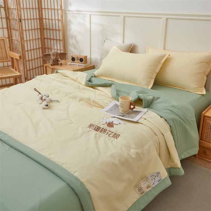 91家纺网 家纺一手货源 找家纺 西域种棉人·千百笠 2025新款A类100%新疆棉花夏凉被纯棉全棉填充毛巾绣绣花纯色双拼原棉空调被夏被 云暖-奶油黄