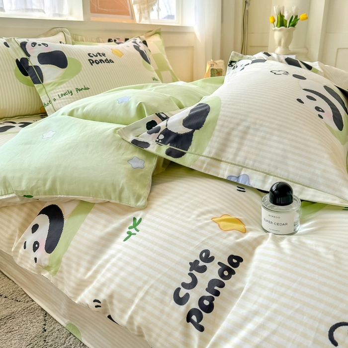 91家纺网 家纺一手货源 找家纺 红粉佳人家纺 2025春夏新款A类全棉纯棉12868纯棉单被套 绿格熊猫
