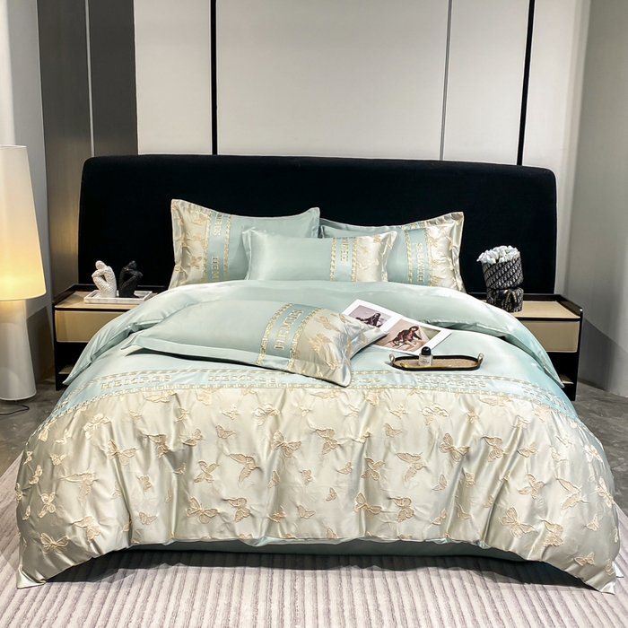 91家纺网 家纺一手货源 找家纺 子曰 2025新款金丝提花浮雕刺绣水洗真丝四件套 醉蝴蝶-绿