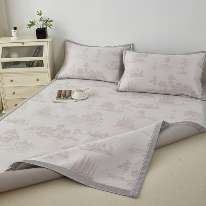 91家纺网 家纺一手货源 找家纺 曲宿家纺 2025新款A类高分子色织提花软凉席系列 山涧-粉