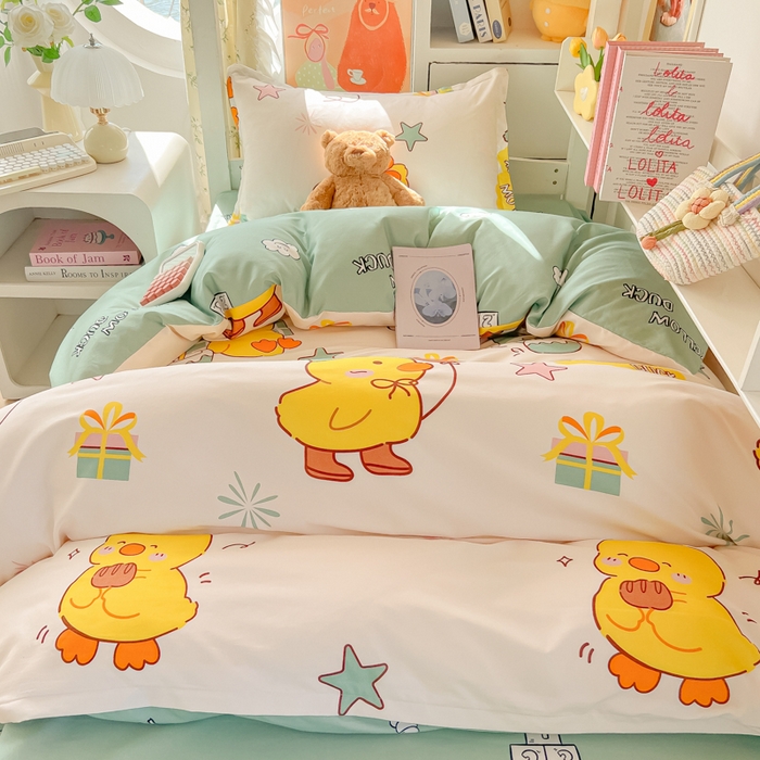 91家纺网 家纺一手货源 找家纺 悦织湾家纺 2025新款印花学生宿舍亲肤芦荟棉三件套单双人四件套轻奢印花磨毛床上用品 开心鸭