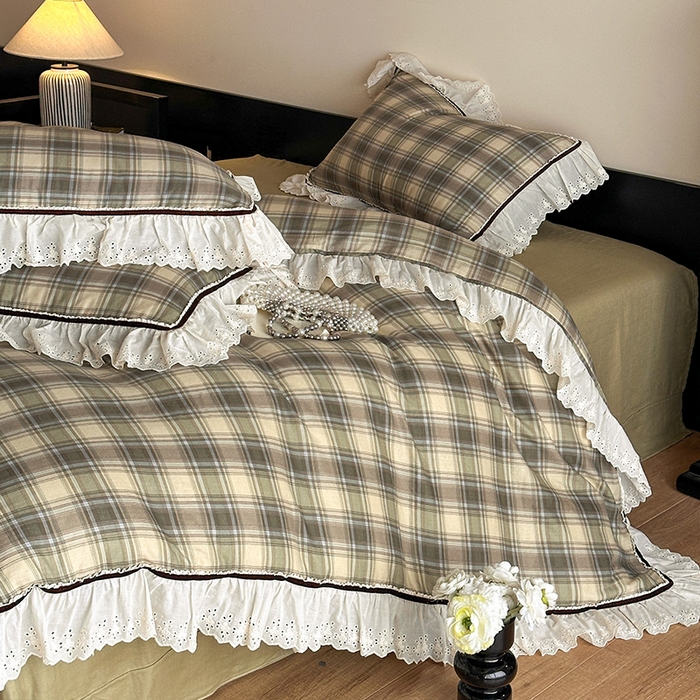 91家纺网 家纺一手货源 找家纺 蓝邻家纺 2025春夏新款全棉纯棉复古双层纱花边织带款四件套 布里奥