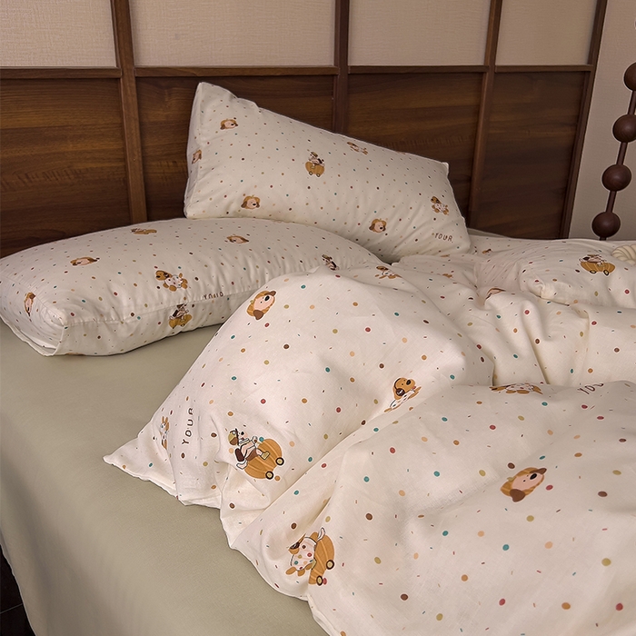 91家纺网 家纺一手货源 找家纺 优品阁  2025新款A类全棉有氧双层纱四件套 彩星汪汪