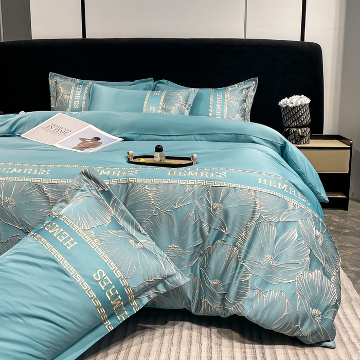 91家纺网 家纺一手货源 找家纺 子曰 2025新款金丝提花浮雕刺绣水洗真丝四件套 花语-蓝