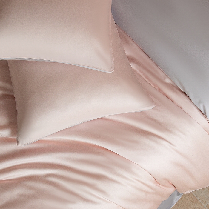 91家纺网 家纺一手货源 找家纺 云栖家居 202560支兰精天丝纯拼色四件套 浅杏粉银灰