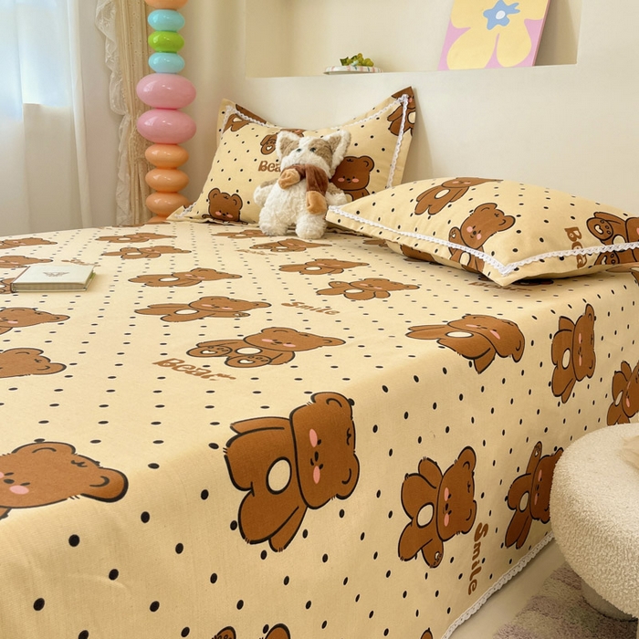 91家纺网 家纺一手货源 找家纺 新印象  2025新款花边老粗布床单款床笠款三件套小熊软糖