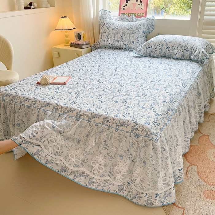 91家纺网 家纺一手货源 找家纺 宜凡家纺 2025新款全棉蕾丝花边床裙三件套 花香浮梦