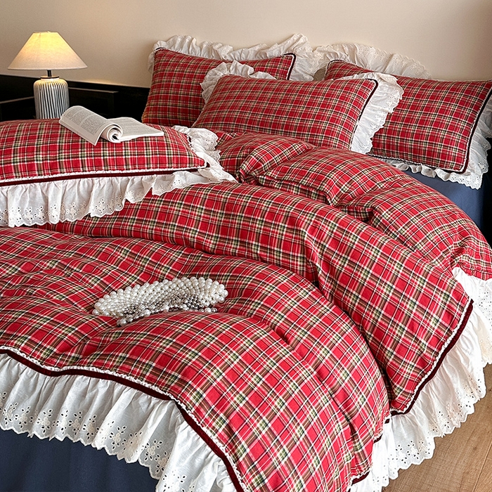 91家纺网 家纺一手货源 找家纺 蓝邻家纺 2025春夏新款全棉纯棉复古双层纱花边织带款四件套 清格