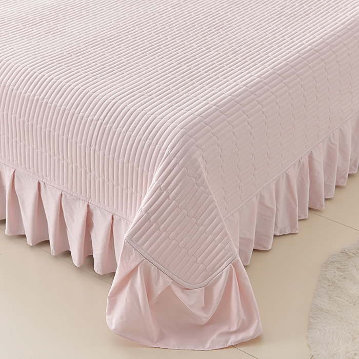 91家纺网 家纺一手货源 找家纺 星窝家纺 2025新款水洗棉花边床裙式多功能床盖三件套 经典粉色