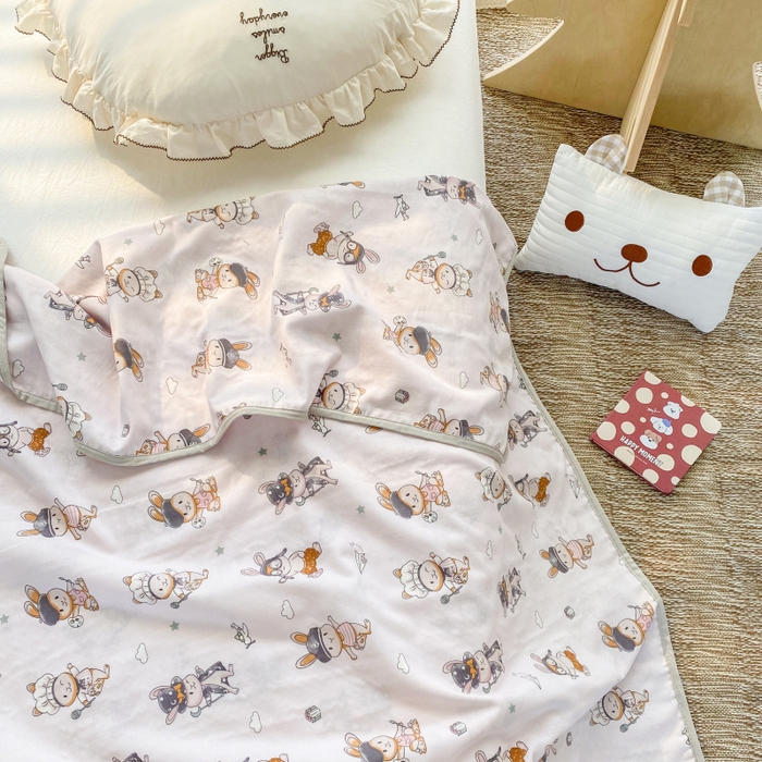 91家纺网 家纺一手货源 找家纺 潮邦 2025新款全棉双层纱多功能盖毯 兔之园