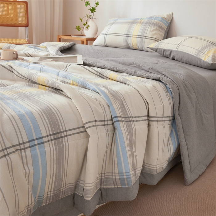 91家纺网 家纺一手货源 找家纺 2025新款A类里外全棉夏凉被100%新疆棉纯棉全棉填充无印格子款空调被原棉夏被 里外全棉-简灰格