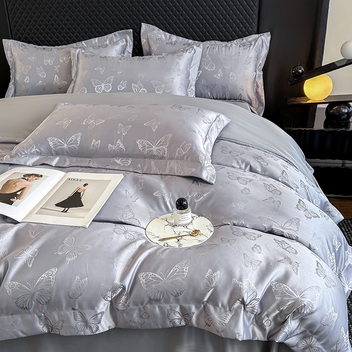 91家纺网 家纺一手货源 找家纺 狂想家 2025新款高奢提花水洗天丝系列四件套 蝶之恋高级灰