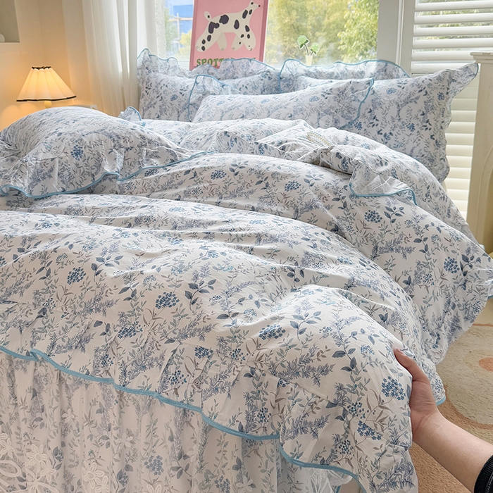 91家纺网 家纺一手货源 找家纺 宜凡家纺 2025新款全棉蕾丝花边床裙三件套 花香浮梦