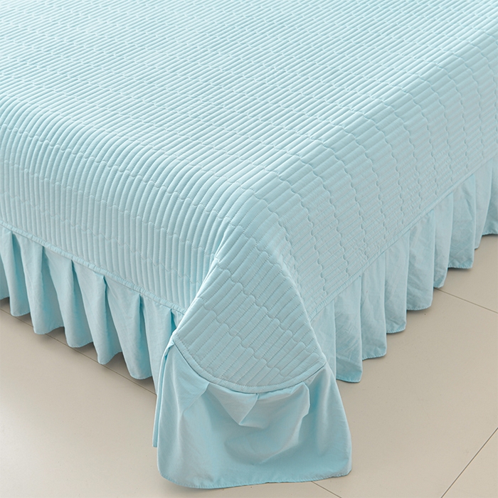 91家纺网 家纺一手货源 找家纺 星窝家纺 2025新款水洗棉花边床裙式多功能床盖三件套 经典蓝色